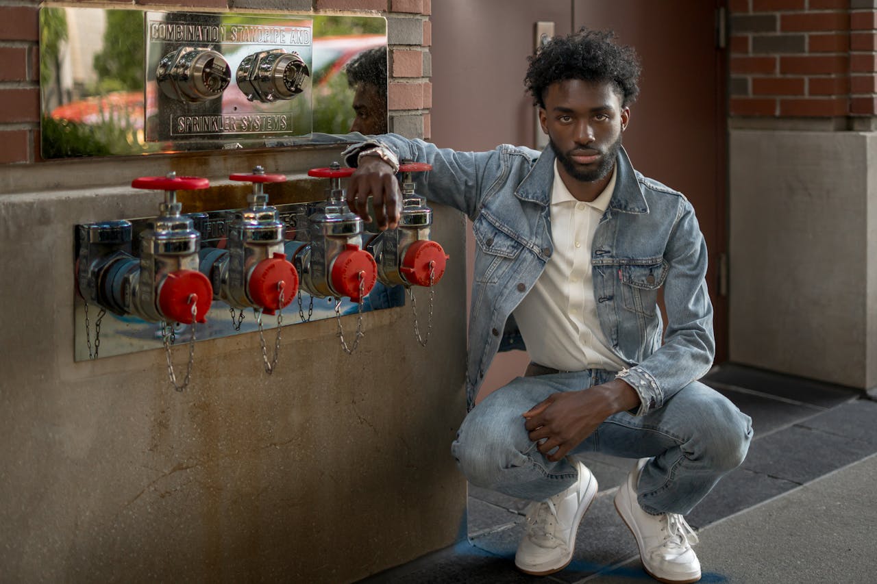 Stylish man in denim ensemble kneels beside a fire sprinkler system on an urban street.